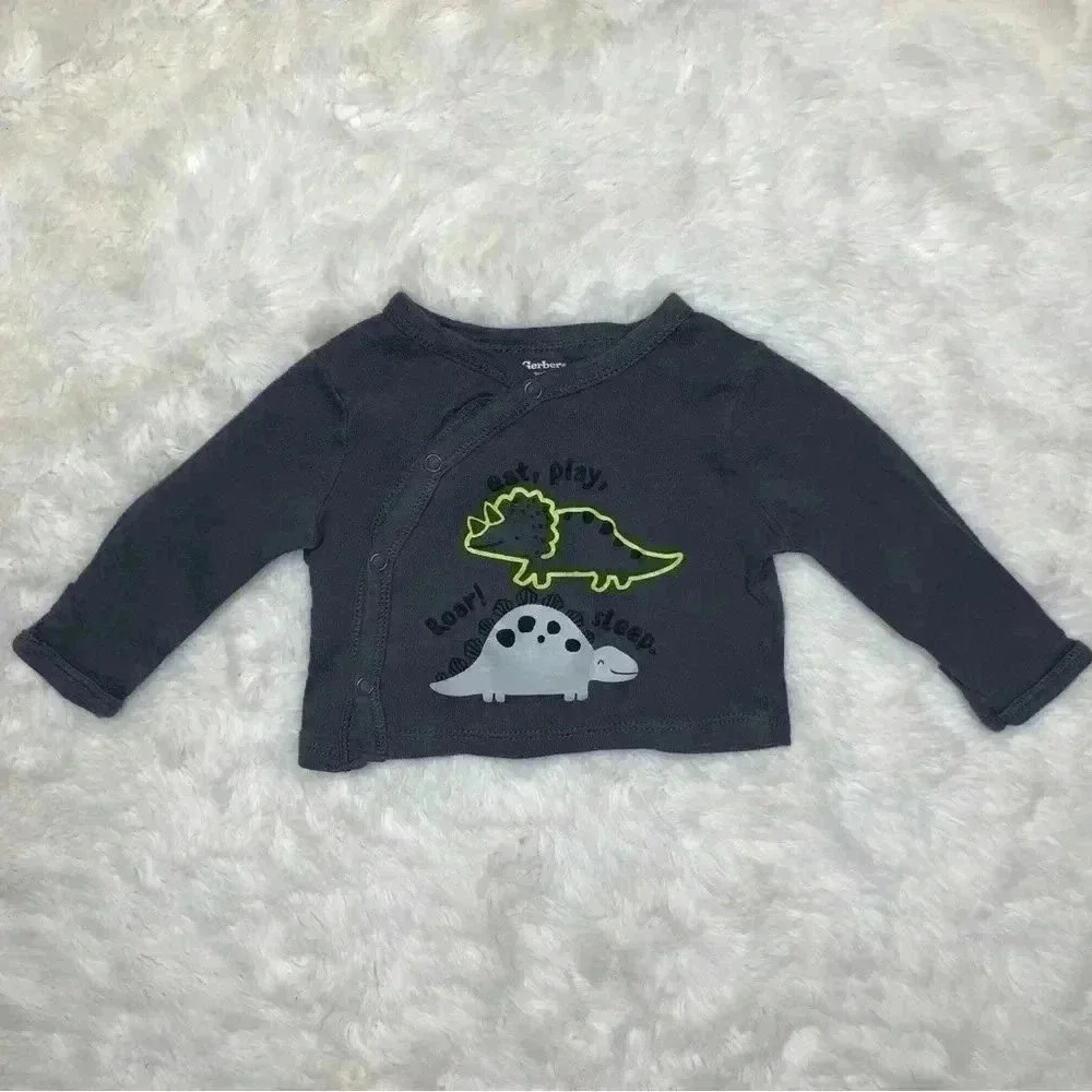 Gerber Shirt Long Sleeved Snaps  Grey / Yellow Dinosaurs Size Newborn